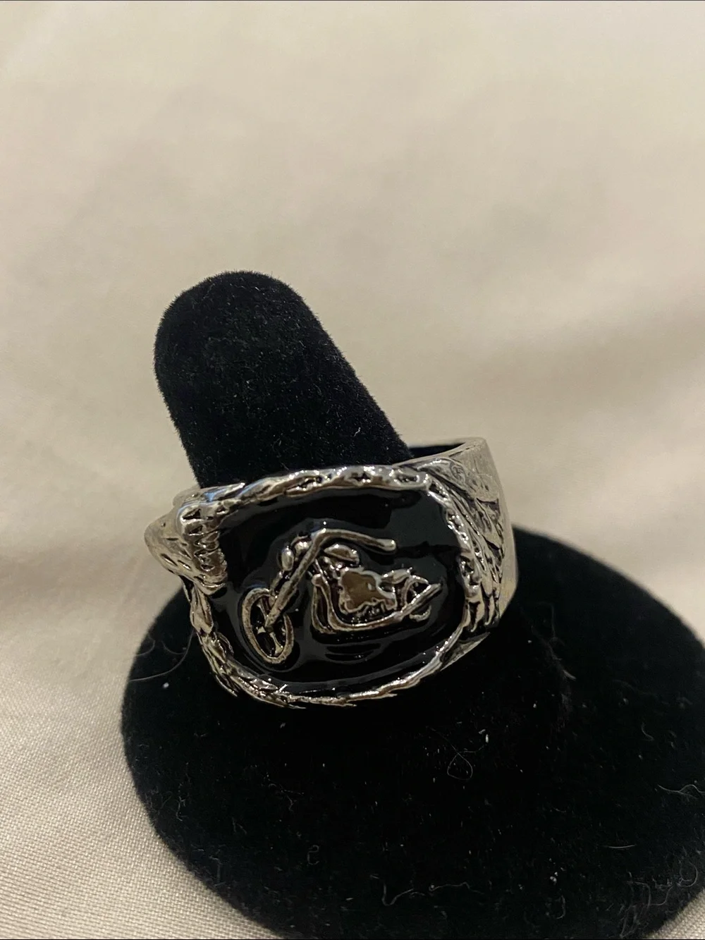 Silver-Tone Men's Motorcycle Emblem Ring in Black Enamel